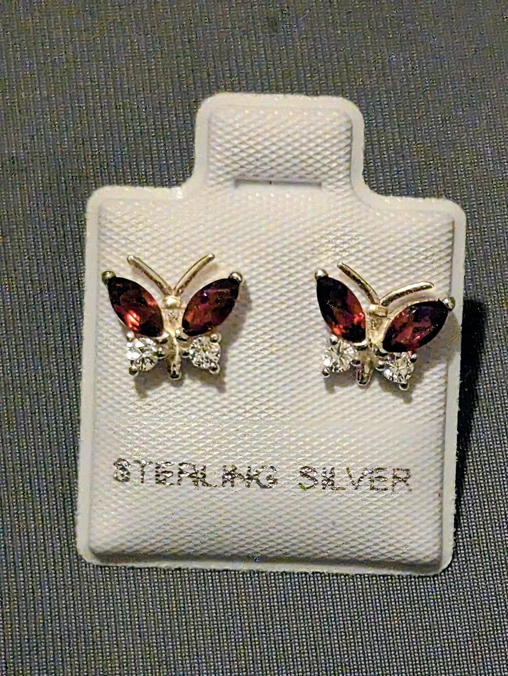 Garnet And CZ Butterfly Earrings Post Back  Set In 925 Sterling Silver